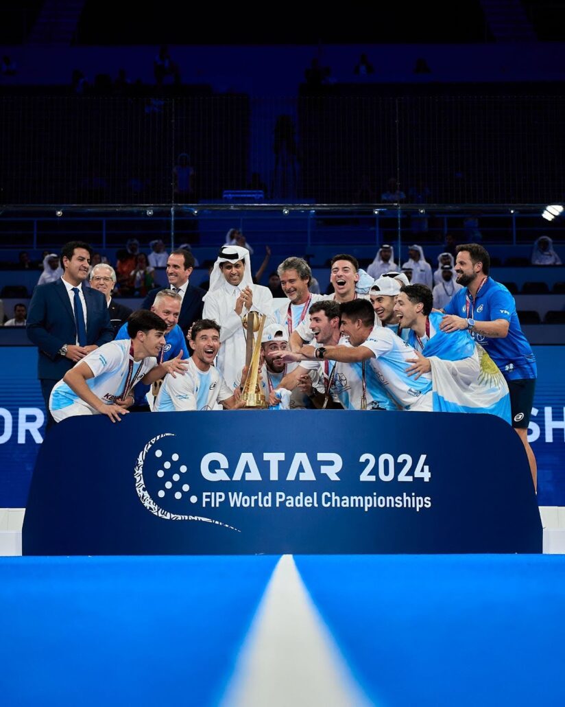 Argentina men's team celebrating their victory at the FIP World Padel Championships in Qatar in 2024 coach by Rodri Ovide